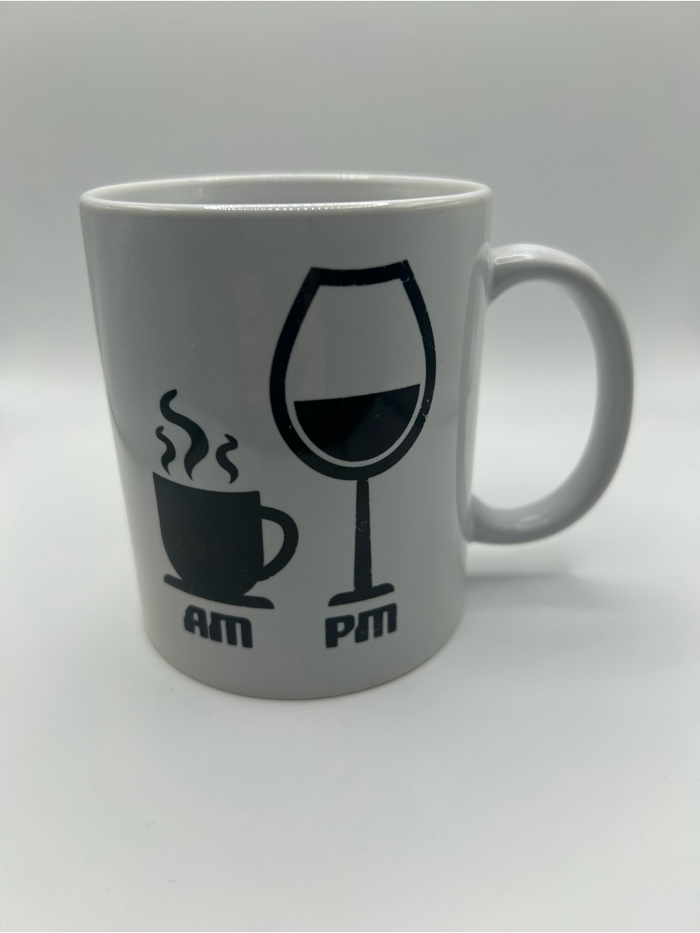 🆕 White AM/PM ☕️ 🍷 Coffee Mug with Black Print - great for coffee/wine lovers!